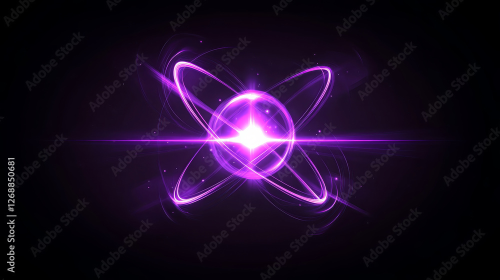 Poster visually captivating image of atom with vibrant purple energy, showcasing its core and orbiting elec