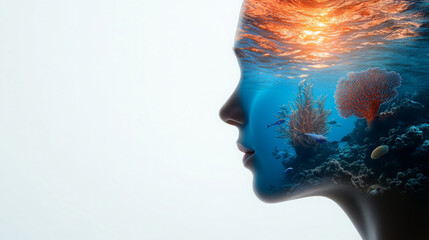 visually captivating double exposure image featuring serene profile of person with underwater scene, showcasing vibrant coral reefs and marine life, evoking sense of tranquility and wonder