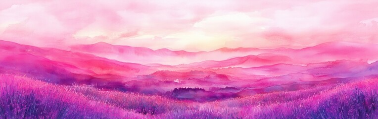 Vibrant watercolor landscape capturing rolling hills bathed in hues of pink and purple at dawn