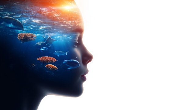 visually captivating double exposure image featuring child profile with underwater scene filled with fish and coral. blend of elements evokes sense of wonder and imagination