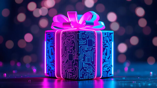 Futuristic neon cyber gift box with glowing holographic lights, digital mystery present, technology-inspired concept, and festive celebration theme