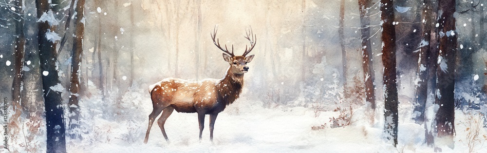 Poster Snowy forest setting featuring a deer standing gracefully in soft snowfall during winter