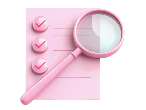 Isolated Pink Checklist with Magnifying Glass