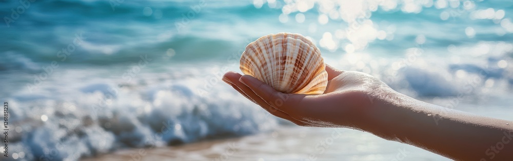 Poster close-up of a hand holding a seashell against a shimmering ocean background