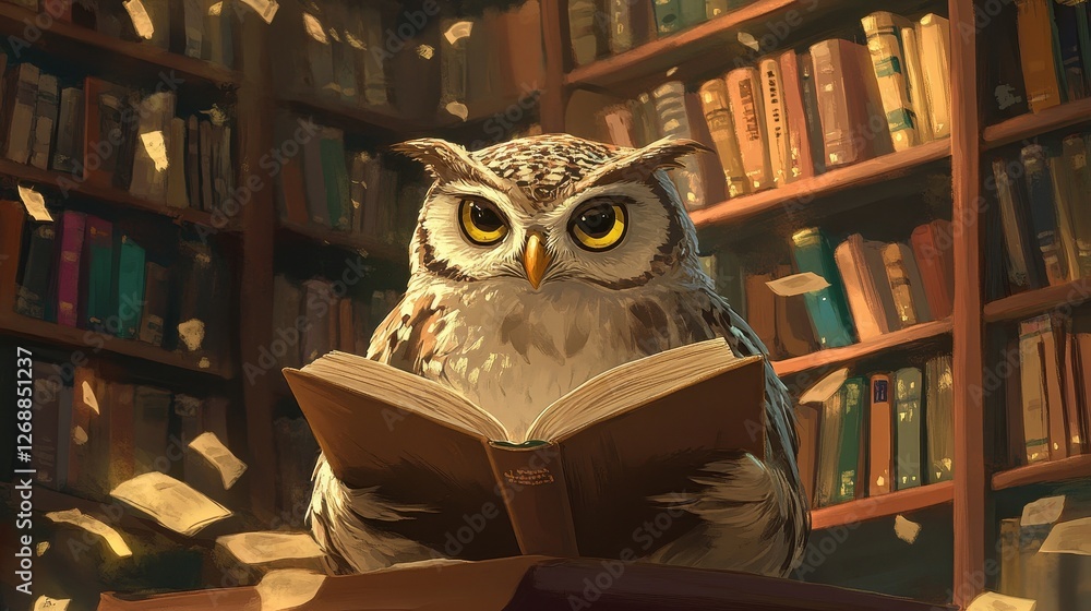 Poster an owl reads a book in a library setting