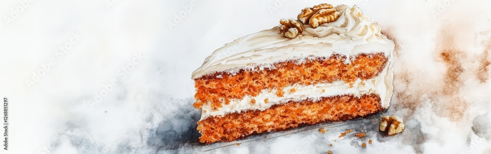 Poster Delicious close-up of a slice of carrot cake garnished with walnuts on a soft watercolor background