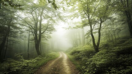 Fototapeta premium Forest background image showing a misty forest path leading into the distance, surrounded by tall trees and lush foliage
