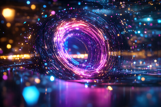 Virtual Dream Portal &ndash; A colorful, swirling vortex of digital light, fractal patterns, neon geometric shapes, glitch effects, and a gateway between worlds in virtual reality