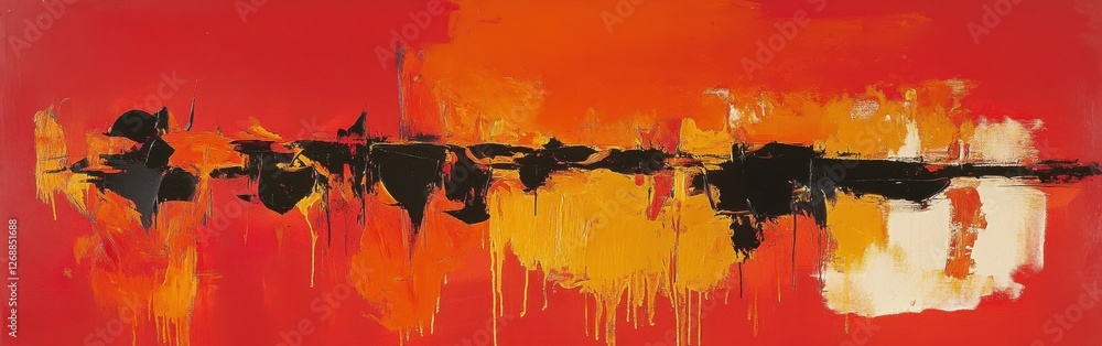 Poster bold composition featuring vibrant strokes of fiery red and orange with contrasting black elements c