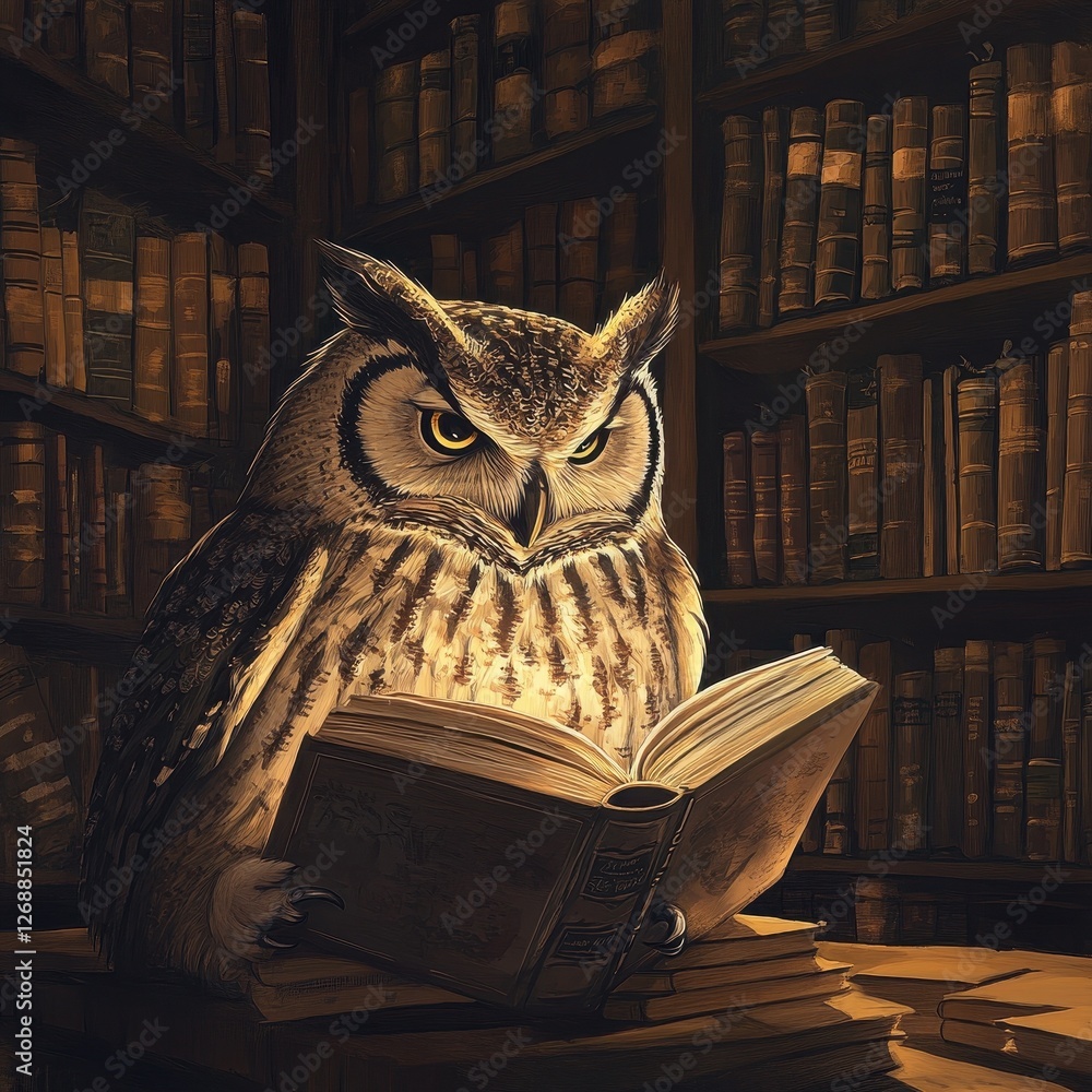 Poster an owl intensely reads a book in a library setting