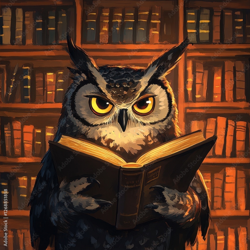 Poster an owl intensely reads a book in a library setting