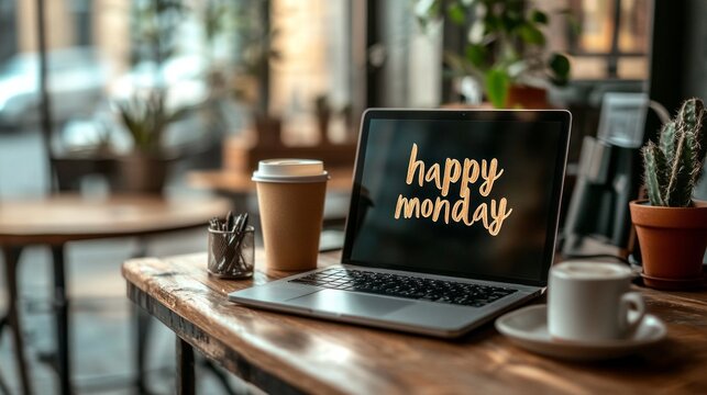A laptop displays a bright happy monday message while sitting on a rustic wooden table. A warm coffee cup and a small plant complement the inviting atmosphere of the cafe