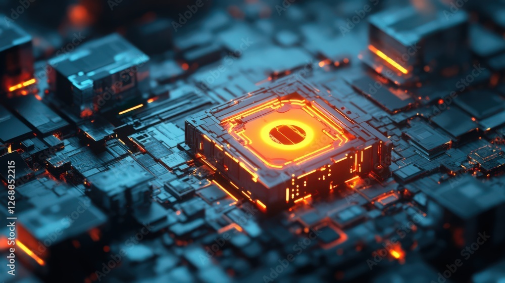Poster abstract technological circuit board with glowing core: a futuristic design