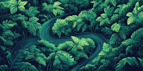 A winding road snakes through a dense tropical forest