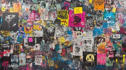 Urban Graffiti and Sticker Art Chaos, Gritty Wall Surface, Collage, Vibrant Colors, Street View, Urban Expression