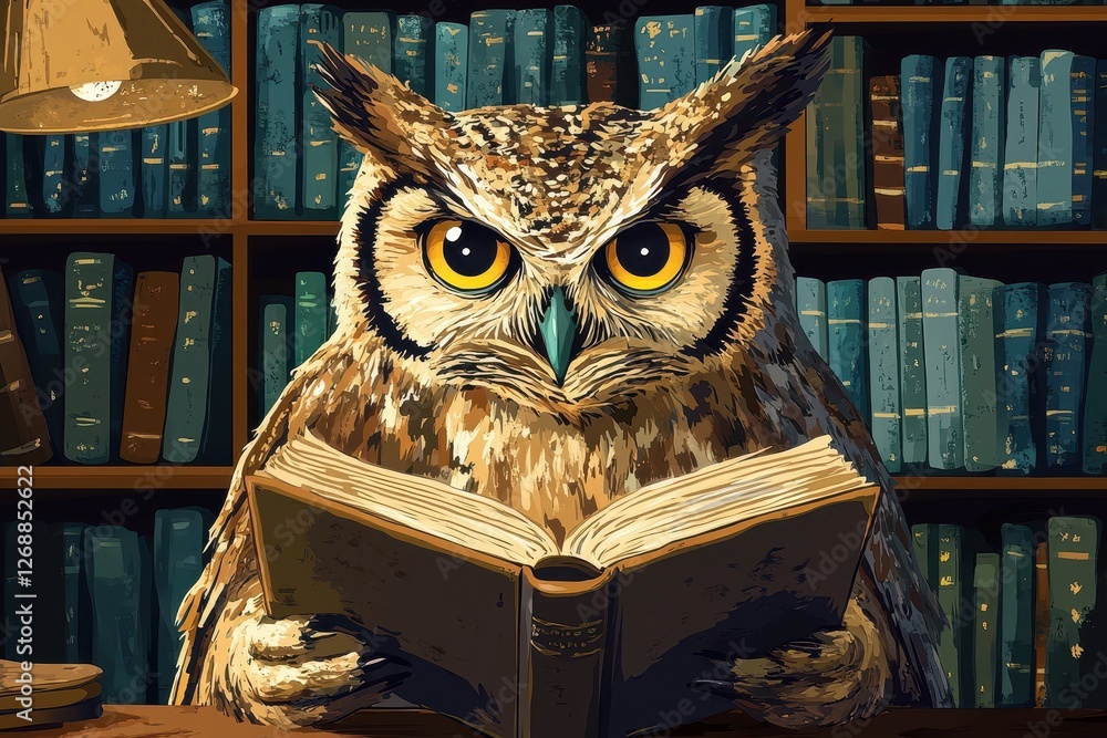 Poster wise owl attentively reading an open book in a library