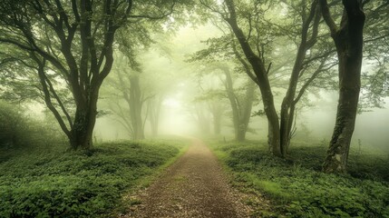 Obraz premium Forest background image showing a misty forest path leading into the distance, surrounded by tall trees and lush foliage
