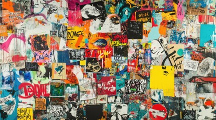 Vibrant Urban Graffiti Art Collage, City Wall, Visual Content, Gritty Environment, Close-up View, Street Culture