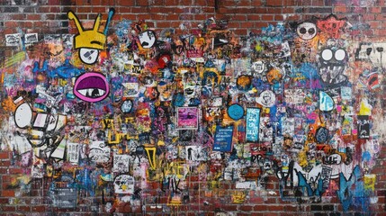 Obraz premium Vibrant Urban Art Explosion, Street Wall, Graphic Collage, City Environment, Close-up View, Creative Expression