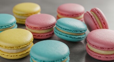 Obraz premium Delicious Colorful Macarons on Gray Background Perfect Treat for Any Celebration