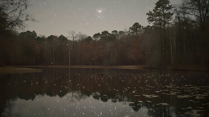 Night sky reflects on calm forest pond