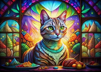 Colorful Cat Stained Glass Window, Bright Multicolored Background, Artistic Food Photography