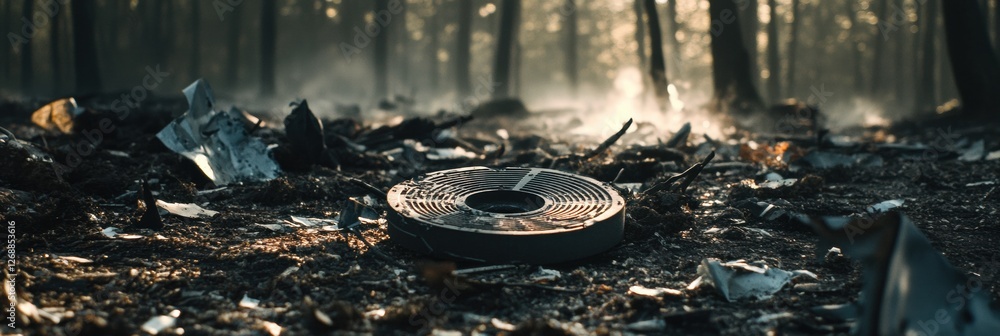 Poster black box recorder lies amidst scattered debris in forest aftermath. generative ai