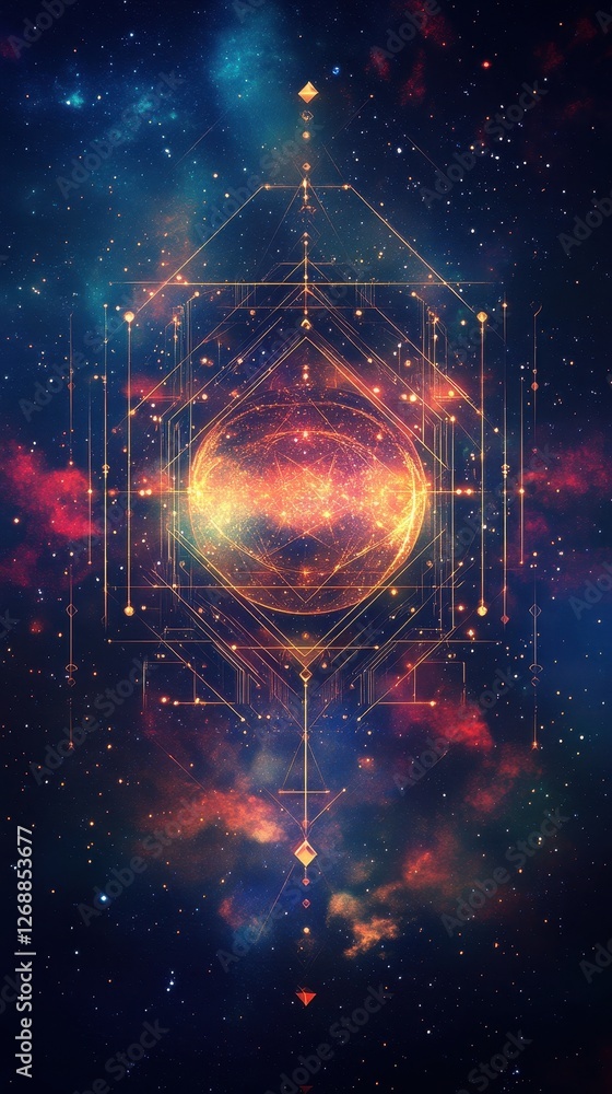 Poster geometric structure overlayed on a nebula with starry space background