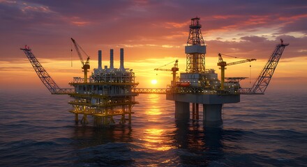 Obraz premium Offshore Oil Platform at Sunset with Dramatic Sky and Sea Reflection