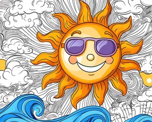 Fototapeta premium Cheerful Sun with Sunglasses Over Waves and Clouds in Colorful Style