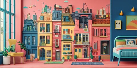 Fototapeta premium Whimsical room interior featuring colorful townhouses as wall decor