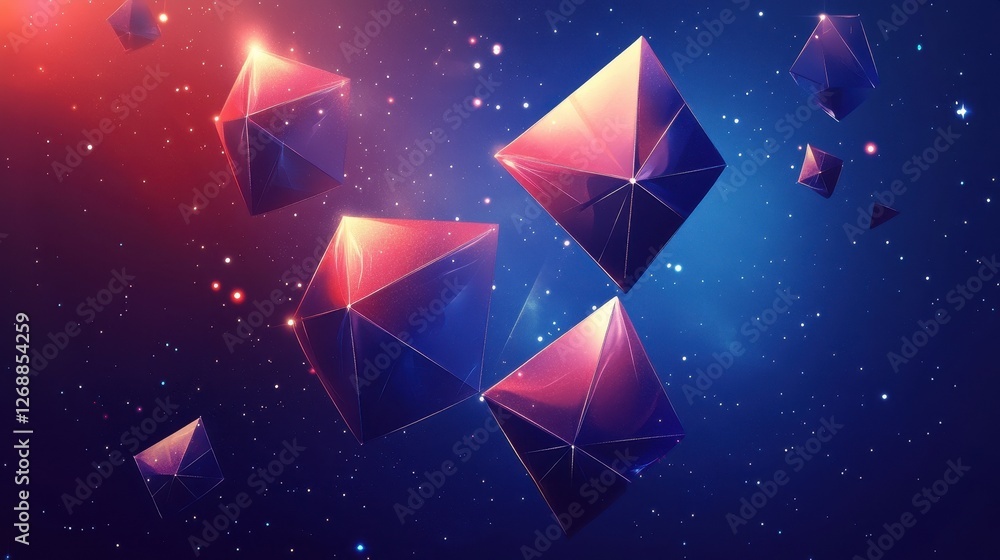 Poster luminous geometric shapes float amidst a starlit space background