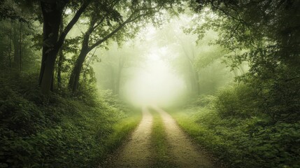 Fototapeta premium Forest background image showing a misty forest path leading into the distance, surrounded by tall trees and lush foliage