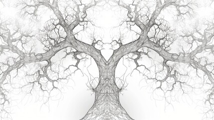 An abstract line art depiction of a tree with intertwining branches and roots, creating a symmetrical pattern on a white background.