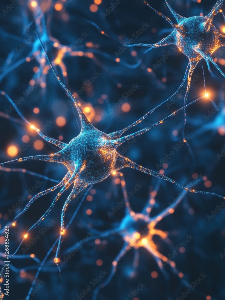 Fototapete electric signals travel between neurons in a complex network within the human brain. generative ai