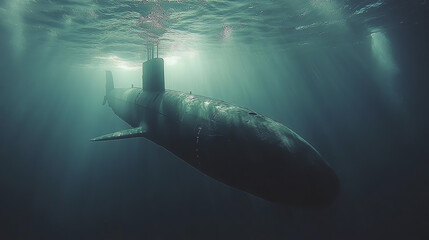 Fototapeta premium Submarine Deep Ocean Military Vessel Underwater Sea Navy Ship Dark 