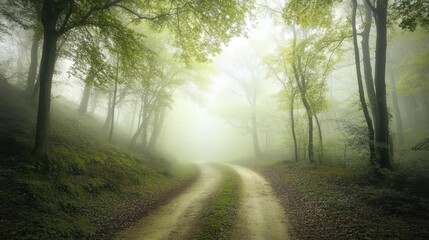 Obraz premium Forest background image showing a misty forest path leading into the distance, surrounded by tall trees and lush foliage