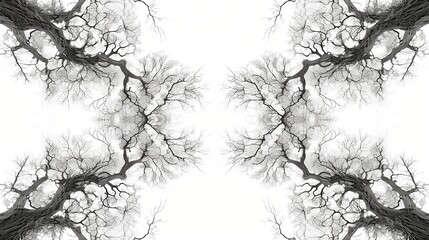 An abstract line art depiction of a tree with intertwining branches and roots, creating a symmetrical pattern on a white background.
