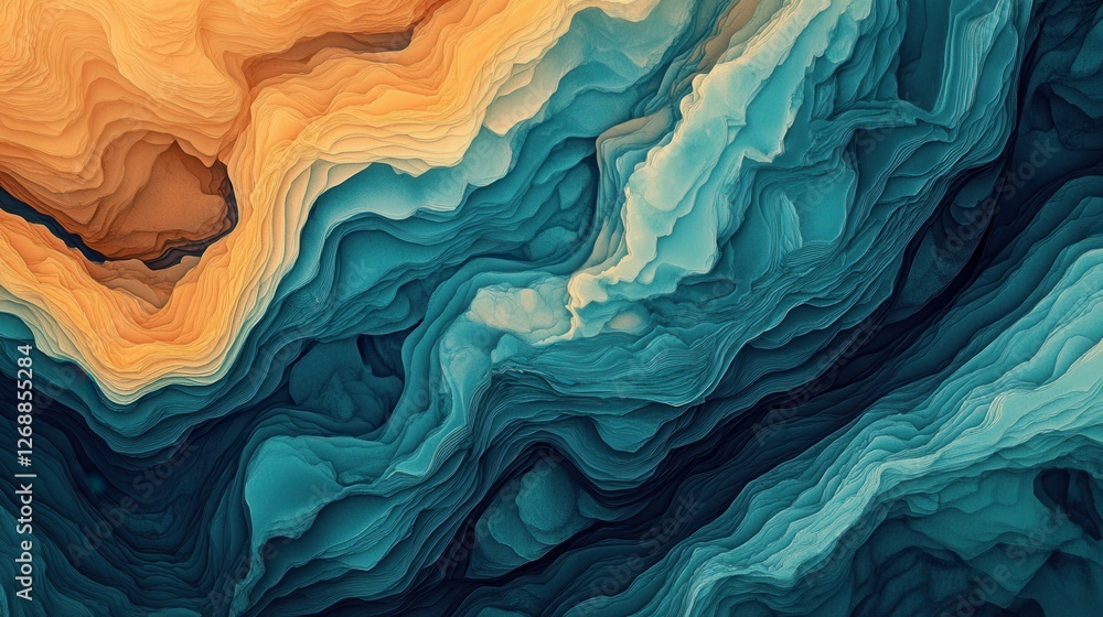 Poster layered pencil strokes create a gradient of teal shades and warm tones in an abstract composition re