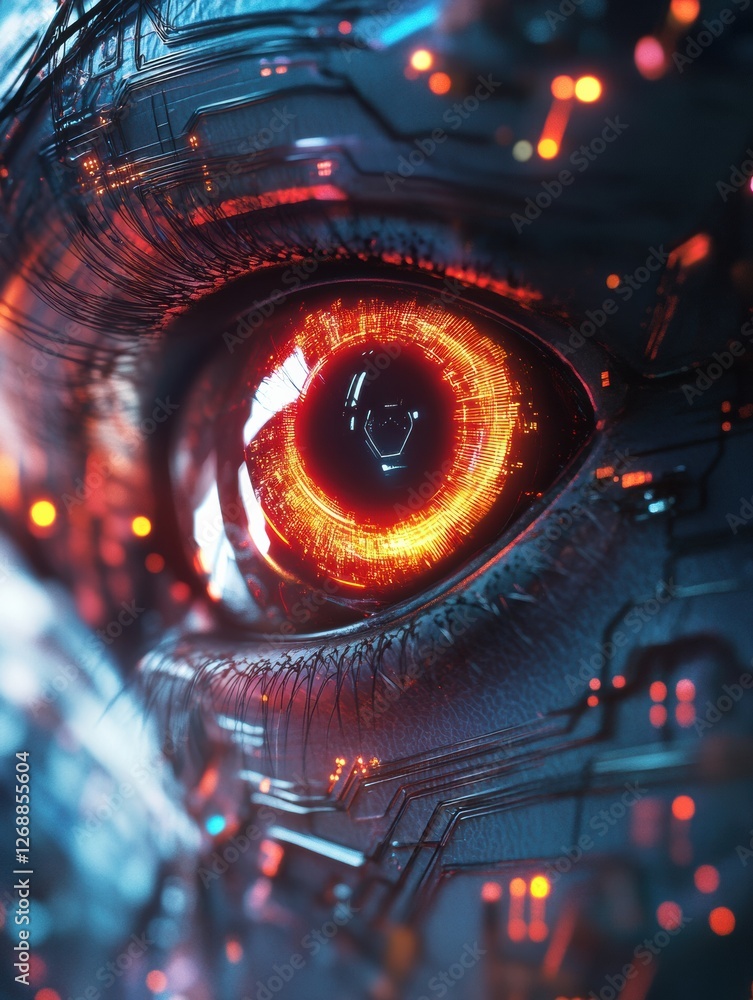 Leinwandbilder Close up view of a glowing robotic eye surrounded by detailed futuristic circuits and intricate designs. Generative AI