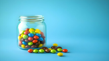 Colorful candies in glass jar on blue background, sweet treat