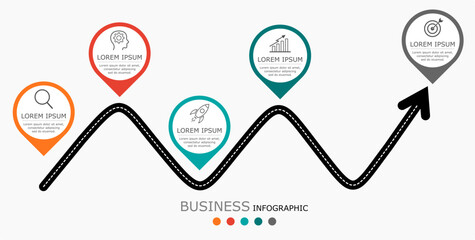 Business infographic Vector with 5 steps. Used for information,data,style,chart,graph,sign,icon, project,strategy,technology,learn,brainstorm,creative,growth,stairs,success, idea,text,web,report,work.