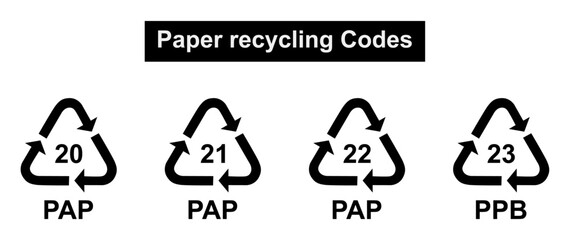 Set of paper recycling codes.  Paper cardboard recycling codes 20, 21, 22, 23 for industrial and factory. pap recycling symbols, recycle, symbols, icon, paper.