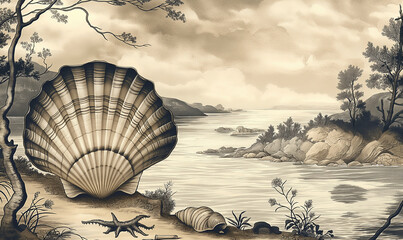 Picturesque coastal landscape with a large shell in black and white.