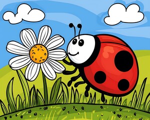 Cheerful Ladybug on Flower in Colorful Cartoon Landscape Scene