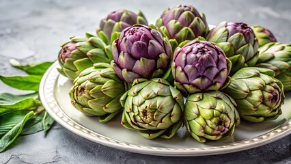 Fototapeta premium Fresh Artichokes Displayed on Decorative Plate with Green Leaves