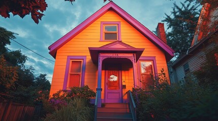 Vibrant Yellow House With Purple Trim At Sunset