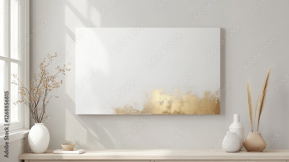 Poster muted gold accents blend effortlessly with a white canvas in a serene indoor setting reflecting mode