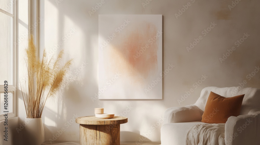 Poster elegant white canvas art displayed in a serene living room with warm sunlight filtering through the 