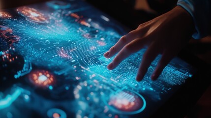 Interactive Technology: Hand Interacting with a Glowing Circuit Board Display